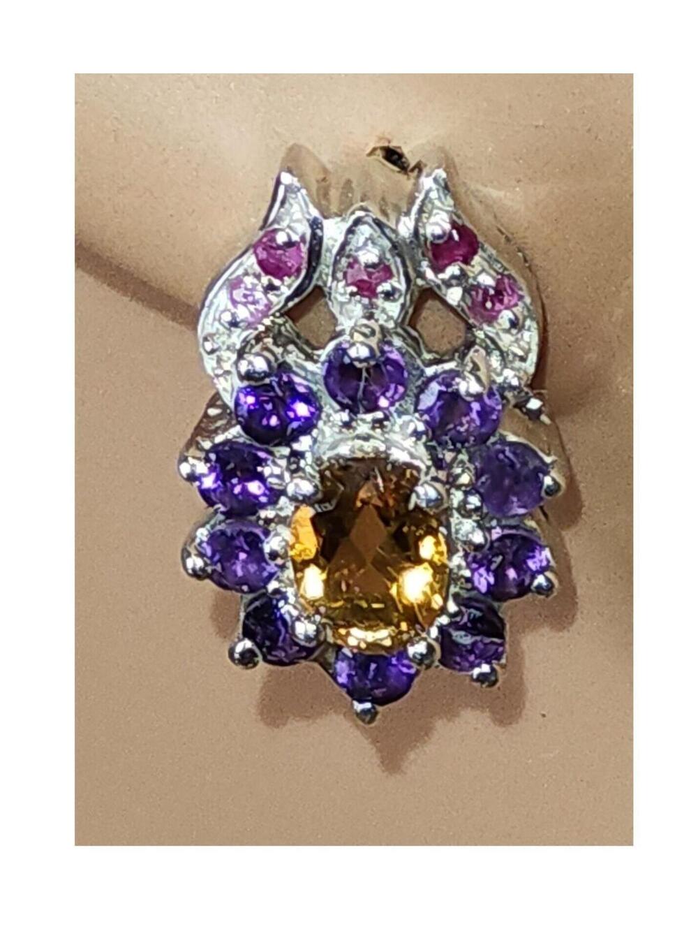 NEW Eye-Catching Sterling Silver Citrine, Amethyst and Ruby Stud Earrings